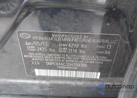2013 Hyundai Sonata Gls from USA, damaged, VIN 5NPEB4AC3DH759766